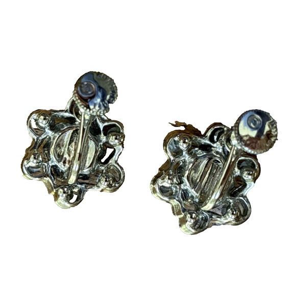 Vintage Longcraft Earrings Silver & Light Blue AB Rhinestones Round Screwbacks - Picture 4 of 6